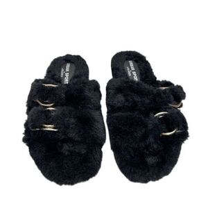 Urban Sports by J/Slides Slippers Size 7‎ Black Faux Fur Slip On Winter Shoes